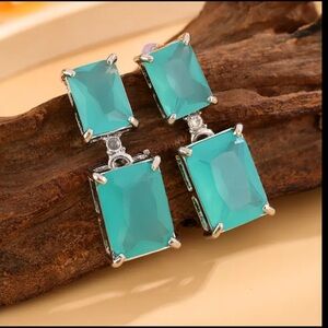 💋Teal  Oversized Rectangle Stone Drop Earrings